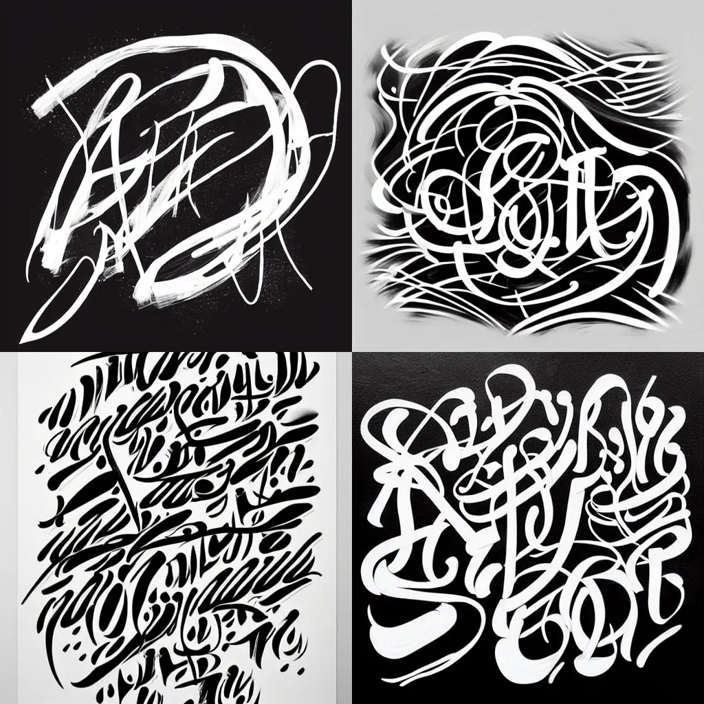 Prompt: “modern calligraphy art, caligrafiturism style, colour white and black, Cyrillic, multi-layered artworks, nitro paint, spray paint, Acrylic paint, high quality, Behance”