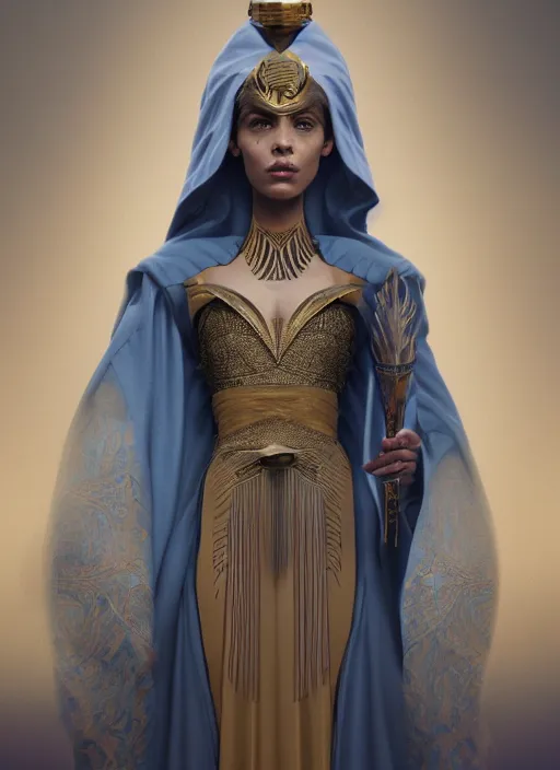 Image similar to an anthropomorphic beautiful female wizard of pharaoh holding magic wand portrait wearing robe, fine art, award winning, intricate, elegant, sharp focus, octane render, hyperrealistic, cinematic lighting, highly detailed, digital painting, 8 k concept art, art by jamie hewlett and z. w. gu, masterpiece, trending on artstation, 8 k