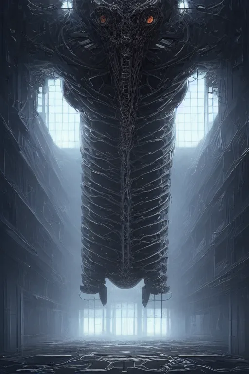 Prompt: professional concept art of a symmetrical! ominous floating!!! mechanical steel terrifying!! giant monster thing in a dark room by artgerm and greg rutkowski. an intricate, space, elegant, highly detailed digital painting, concept art, smooth, sharp centred focus, illustration, cubism, in the style of cam sykes, wayne barlowe, igor kieryluk.