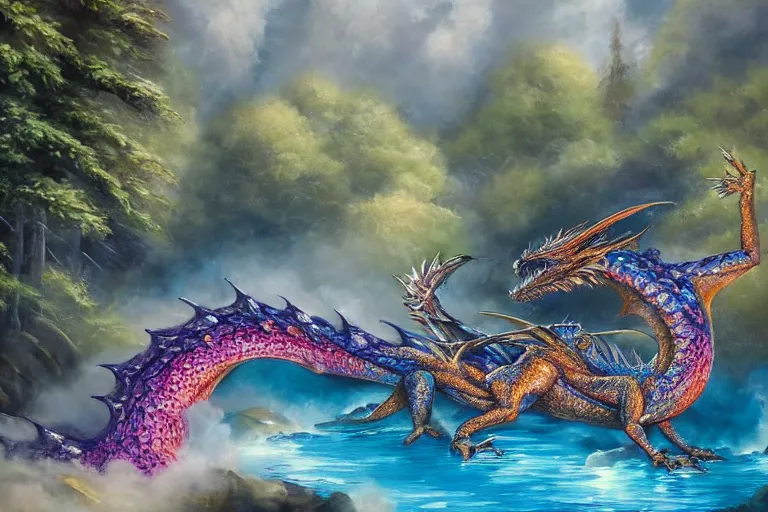 Prompt: highly detailed oil painting of a crytal dragon sitting in a steaming colorful hotspring with woodland forest backdrop, featured on artstation