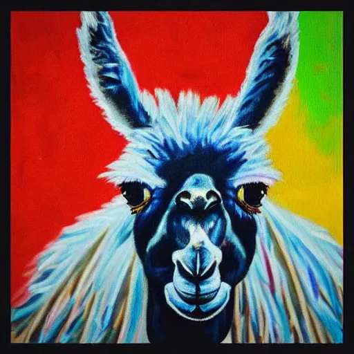 Prompt: “ abstract painting of a llama in a jersey dunking a basketball like michael jordan, shot from below, tilted frame, 3 5 °, dutch angle, extreme long shot, high detail, dramatic backlighting, indoors. in the background is a stadium full of people. ”