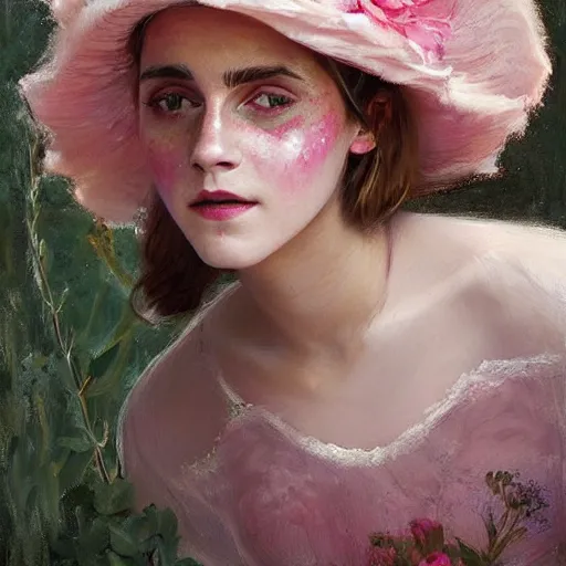 Image similar to laughing mouth open thick paint brush strokes full body fashion model emma watson by Jeremy Lipking by Hasui Kawase by Richard Schmid (((smokey eyes makeup eye shadow fantasy, glow, shimmer as victorian woman in a long white frilly lace dress and a large white hat having tea in a sunroom filled with flowers, roses and lush fern flowers ,intricate, night, highly detailed, dramatic lighting))) , high quality