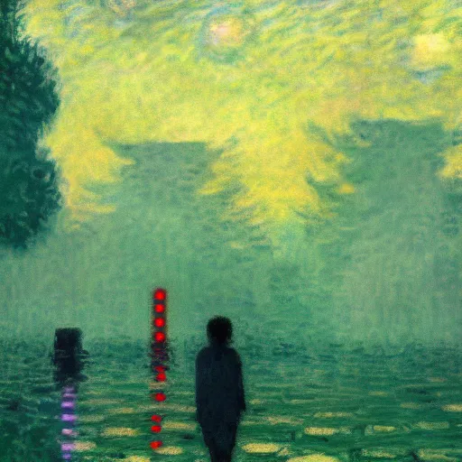 Prompt: a serial experiments lain inspired Claude Monet scenery artwork