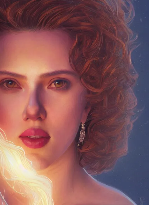 Image similar to portrait of teenage scarlett johansson, long haircut, flowing blonde curly hair, white shirt, red tie, smiling kindly, forest at background, 1 9 8 0 s, intricate, elegant, glowing lights, highly detailed, digital painting, artstation, concept art, smooth, sharp focus, illustration, art by wlop, mars ravelo and greg rutkowski