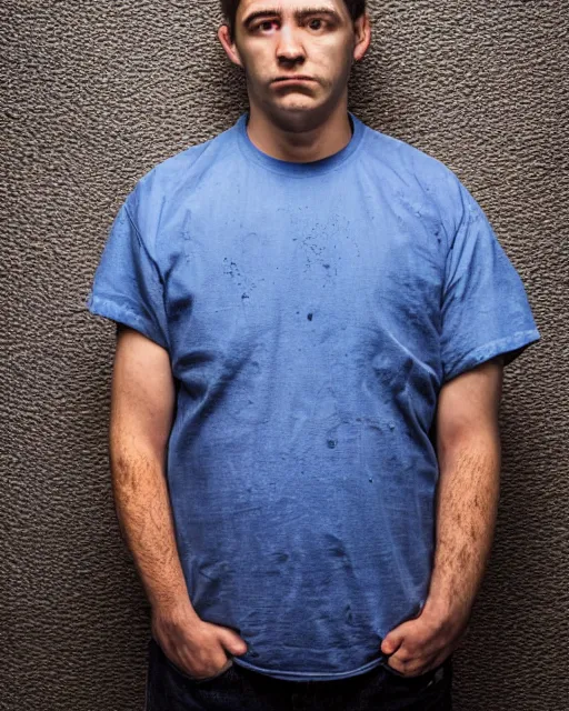 Prompt: prison mugshot of real - life mr. krabs, bright flash, red shell, blue shirt, blue jeans, low saturation, somber expression, protruding eyestalks, rugged textured face, soft vignette, soft focus, 5 0 mm, 4 k, nypd