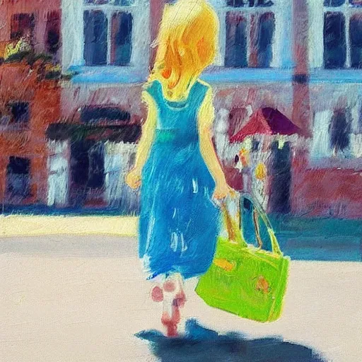 Prompt: “an impressionist vivid painting of a cute blonde girl walking on a sunny day, carrying a handbag with a cute pet mouse in it. Trending on artstation, wide angle”