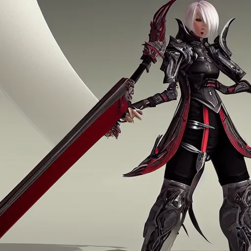 Image similar to a red au ra xaela with grey hair in a suit of astronaut armor with their futuristic scythe drawn, Final Fantasy FFXIX, high octane, detailed 3D rendered in unreal engine, 4k