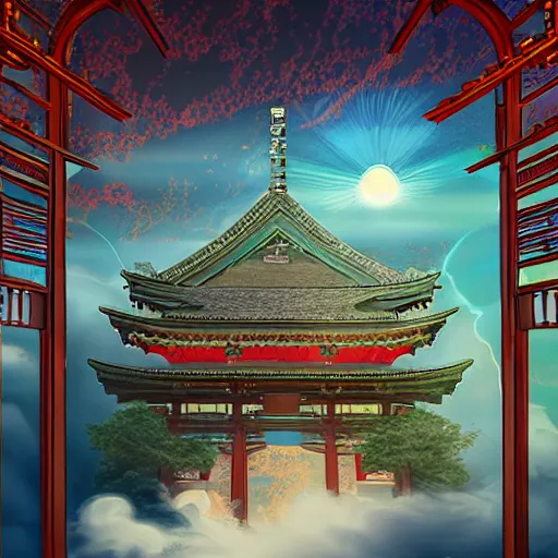 Image similar to infinite majestic shinto shrine portal, dark gate, magic door, pyromancer mage : : 1 full of colorpalette rippled layers, clouds, vines, swirls, curves, ultra fine detail, swirling clouds, artstation trending, art nouveau, raytracing, highly detailed, magic art nouveau rococo architecture