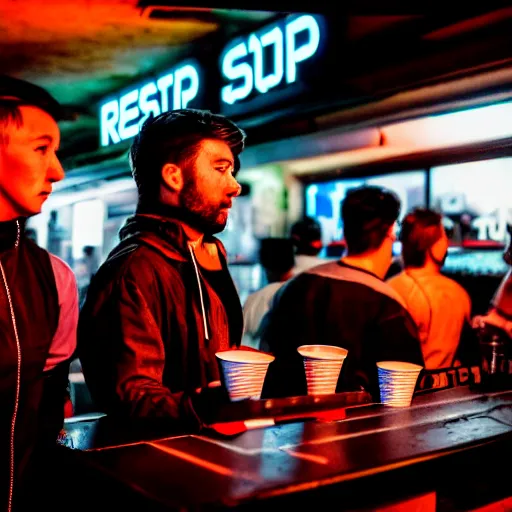 Image similar to photograph of retro techwear people with solo cups loitering near the bar of a packed busy rundown nightclub, retrofuturism, brutalism, cyberpunk, sigma 85mm f/1.4, 35mm, 4k, depth of field, high resolution, 4k, 8k, hd, highly detailed, full color