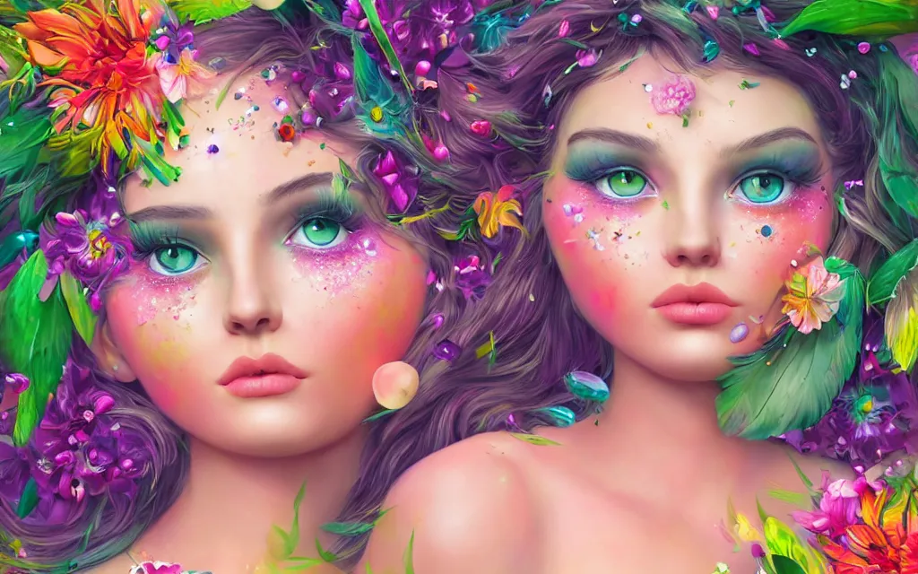 Image similar to a divine feminine goddess, rosey cheeks, sparkles on eyelids, surrounded by lush flowers and feathers in bright abstract colours ultra realistic digital painting, artstation, concept art, pop, smooth, sharp focus, illustration, art by mark ryden and lisa frank 3 d 8 k ultra detailed