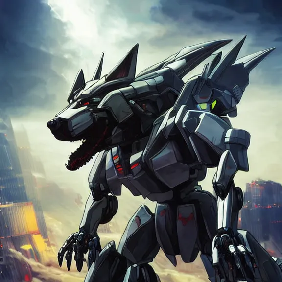 Image similar to hyper realistic, epic, highly detailed cinematic full body shot of a mecha canine, sharp claws, sleek armor, glowing visor, destroying city, digital art, furry art, dragon art, zoids art, furaffinity, deviantart