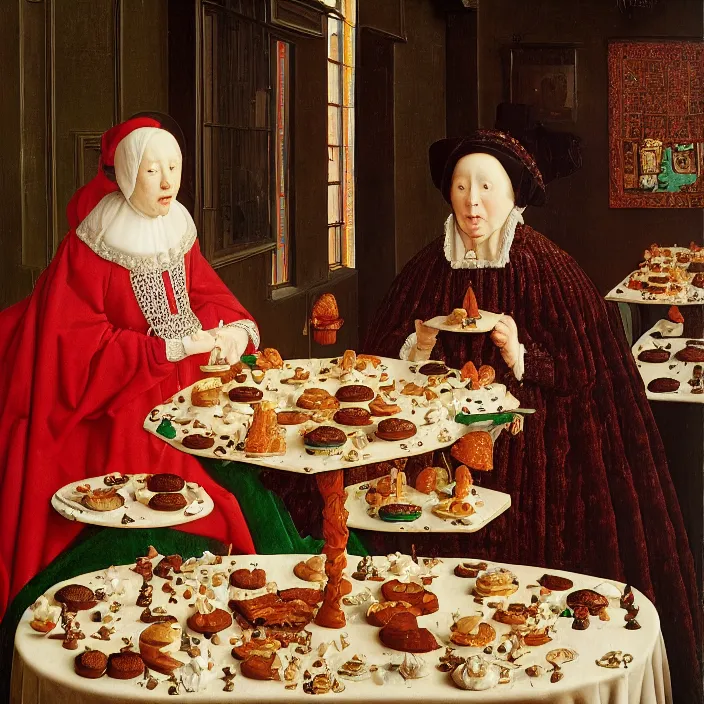 Prompt: a woman eating hundreds of cakes, by Jan van Eyck