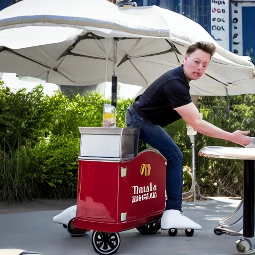 Prompt: Elon Musk serving diner food outdoors on roller skates, and wearing a diner uniform