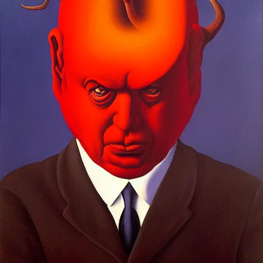 Prompt: devil boss in hell, oil painting by rene magritte