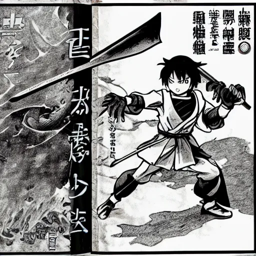 Image similar to young swordsman, illustrated by mato and ken sugimori and akira toriyama, manga, black and white illustration