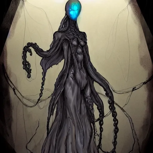 Image similar to concept designs for an ethereal wraith like figure with a squid like parasite latched onto its head and long tentacle arms that flow lazily but gracefully at its sides like a cloak while it floats around a forgotten kingdom in the snow searching for lost souls and that hides amongst the shadows in the trees, this character has hydrokinesis and electrokinesis for the resident evil village video game franchise with inspiration from the franchise Bloodborne and the mind flayer from stranger things on netflix