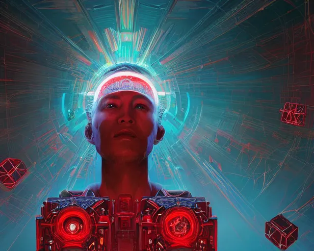 Image similar to portrait of wizard with halo of red cubes intricate abstract. intricate artwork, by tooth wu, wlop, beeple, dan mumford. concept art, octane render, trending on artstation, greg rutkowski very coherent symmetrical artwork. cinematic, key art, hyper realism, high detail, octane render, 8 k, iridescent accents