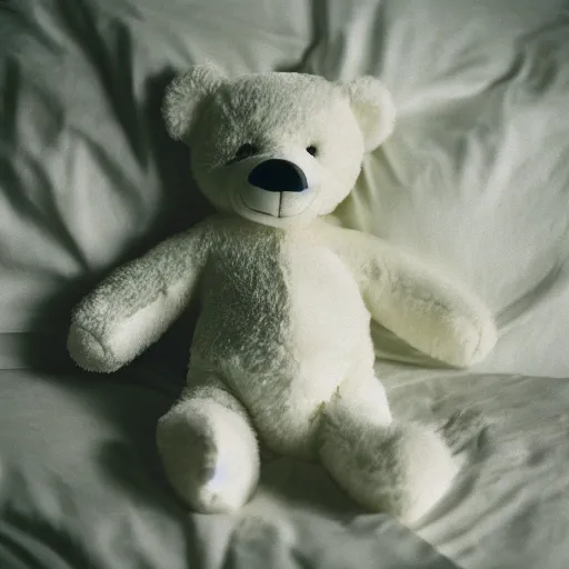 Prompt: a photograph of a white teddy bear laying on a bed crying, tears going down its face, focus shot, flashlight, 35mm film, low contrast, hd