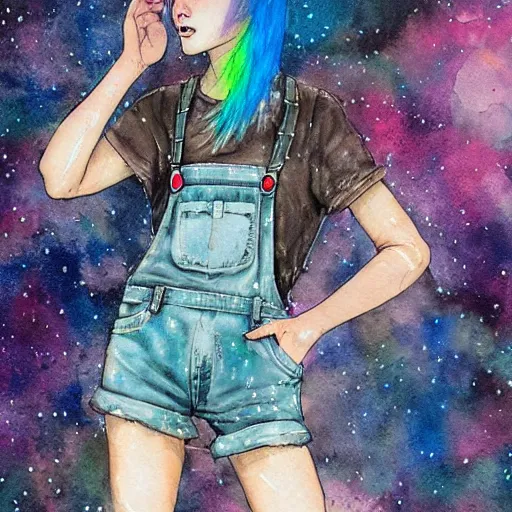 Prompt: a grungy woman with rainbow hair, soft eyes and narrow chin, dainty figure, long hair straight down, torn overalls, short shorts, combat boots, side boob, wet tshirt, raining, nebula background, symmetrical, watercolor, pen and ink, intricate line drawings, by Yoshitaka Amano, Ruan Jia, Kentaro Miura, Artgerm,