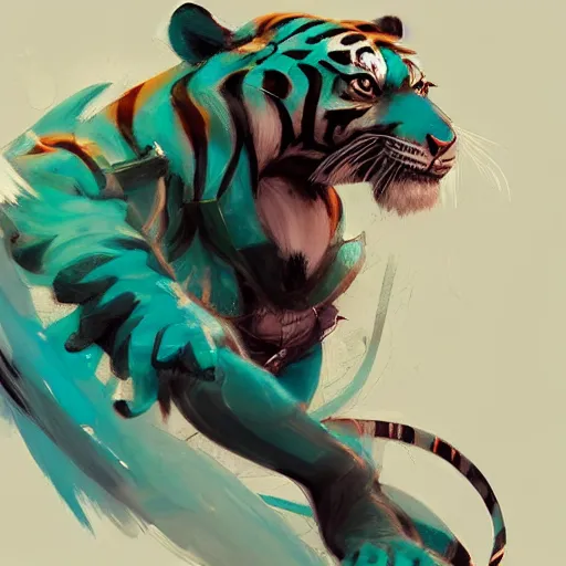 Image similar to concept art of anthropomorphized tiger black and teal, highly detailed painting by dustin nguyen, akihiko yoshida, greg tocchini, 4 k, trending on artstation, 8 k