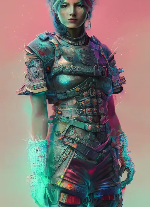 Image similar to detailed full body concept colorful pastel painting of a female road warrior in intricate clothing, cinematic lighting, hyperdetailed, 8k, high resolution, insanely detailed and intricate, octane render