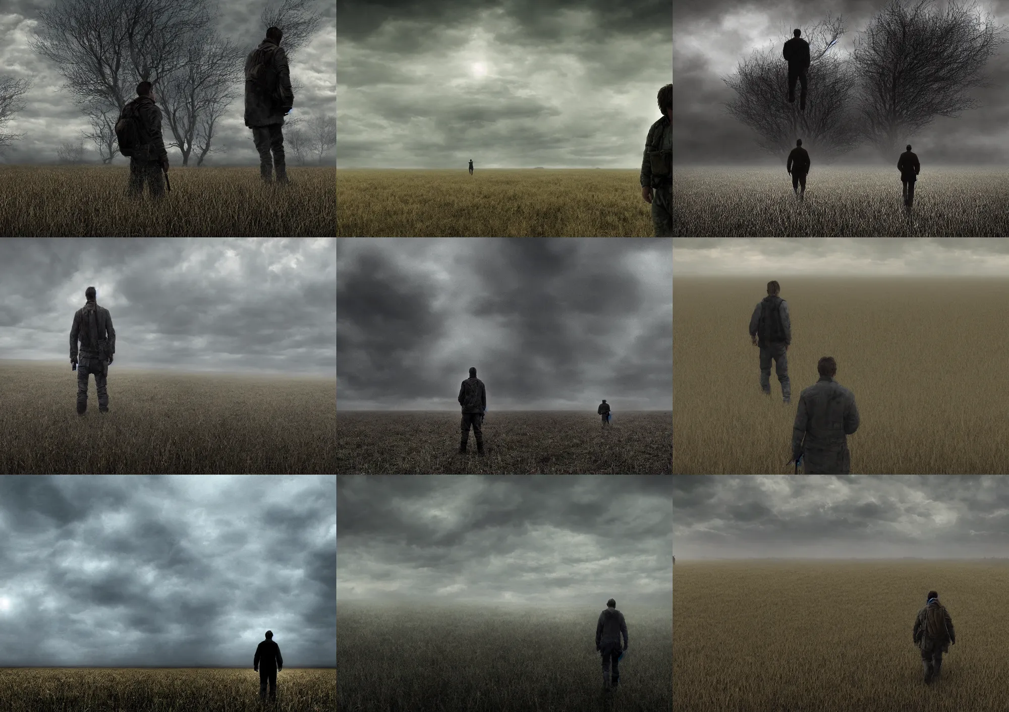 Prompt: a beautiful cinematic scene of a man in a field, in the style of andrei tarkovksy's stalker, in the apocalyptic future, epic, 8 k hd, detail structure, fractals, fine texture, coronal storm, backlit, ultra wide angle, ray tracing, mechanics, hyper detailed, denoise, deblurring, realistic physical rendering