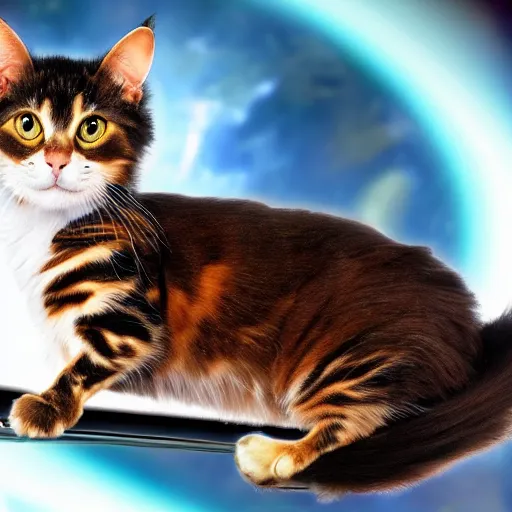 Prompt: Long Hair Tortoiseshell Cat in space as an astronaut, high definition