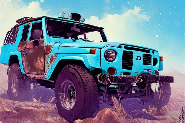 Image similar to digital illustration of a faded cyan mad max's fj 4 0 decrepit!!!! pursuit special, rusty!!! nissan fj cruiser heavily modded 1 9 9 0 s, the last v 8 interceptor by makoto shinkai, ilya kuvshinov, lois van baarle, rossdraws, basquiat