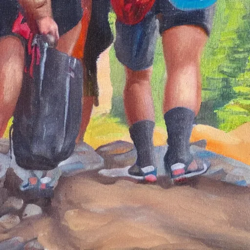 Prompt: tourists wearing sandals with socks falling down the mountain, oil painting