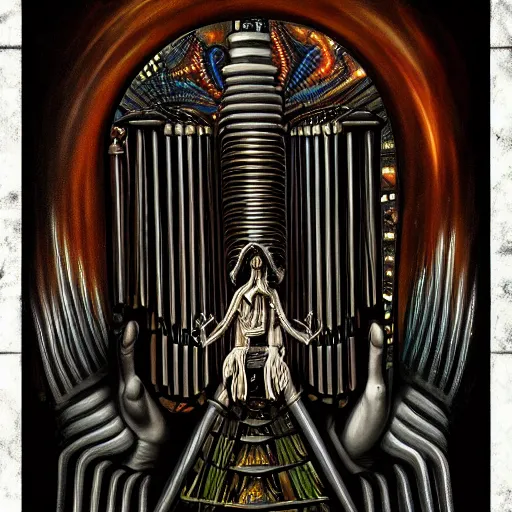 Image similar to beautiful painting of the lattice decopunk organ holding the conscience of God in the style of Welder Wings and H. R. Giger. Dark background, detailed, trending on Artstation