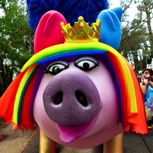 Image similar to rainbow pig wearing a gold crown as a Muppet 8k