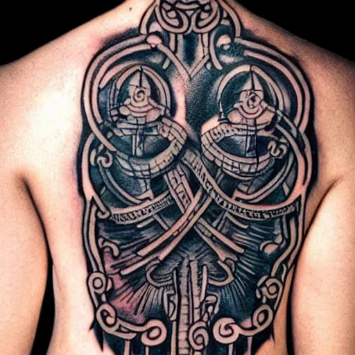 Image similar to a black tattoo based on symbols from Bloodbourne, whole tattoo, realistic, very detailed