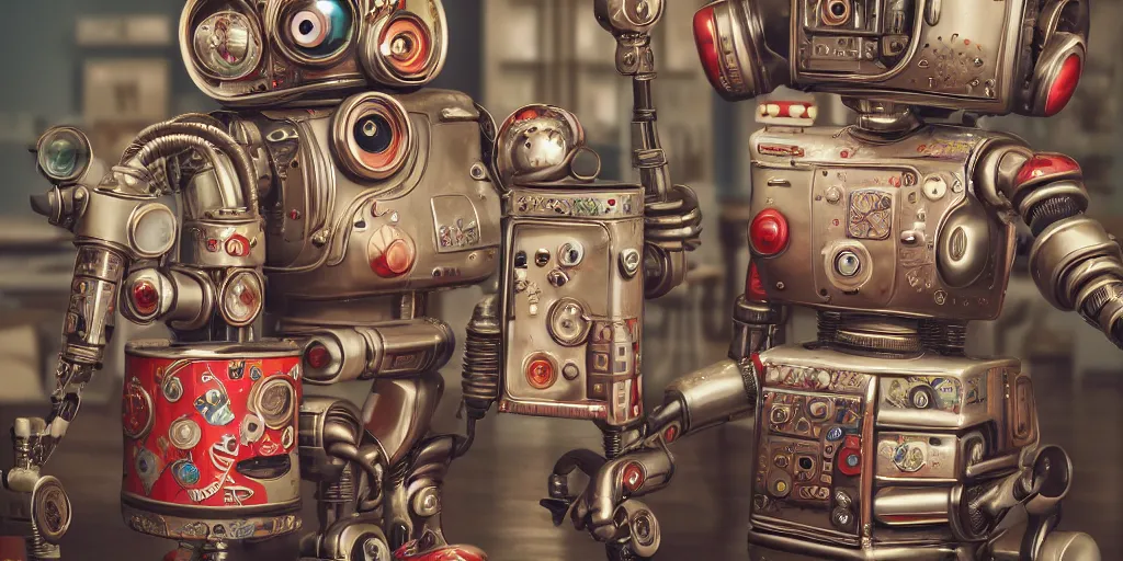 Prompt: closeup portrait of tin toy retro living room of robot family, depth of field, zeiss lens, detailed, centered, fashion photoshoot, by nicoletta ceccoli, mark ryden, lostfish, breathtaking, 8 k resolution, extremely detailed, beautiful, establishing shot, artistic, hyperrealistic, octane render, - h 8 0 4