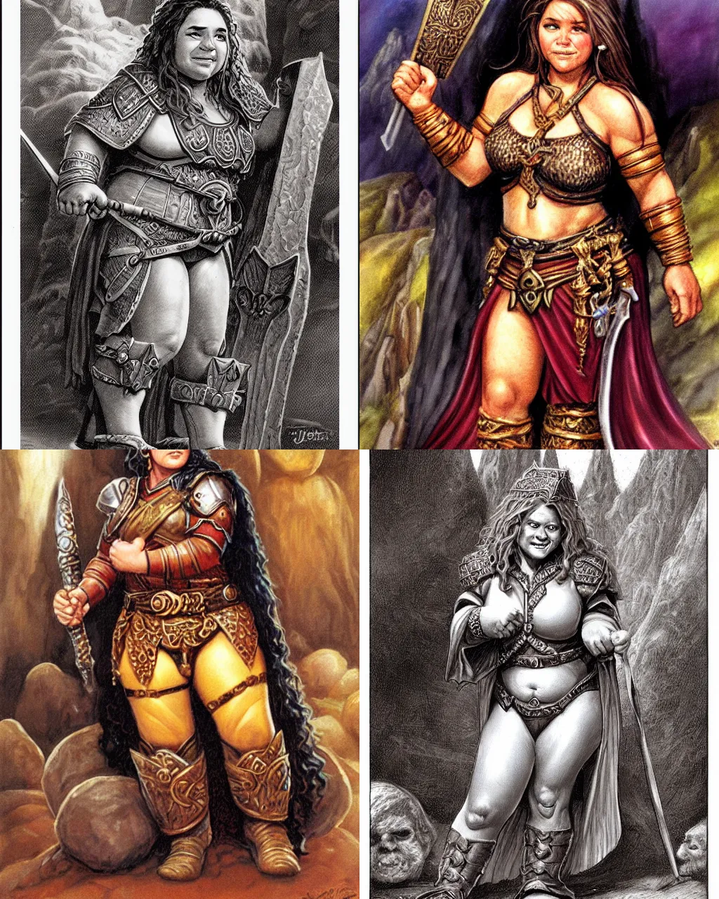 Prompt: female dwarven noblewoman, chubby short stature, complex hair, by jeff easley