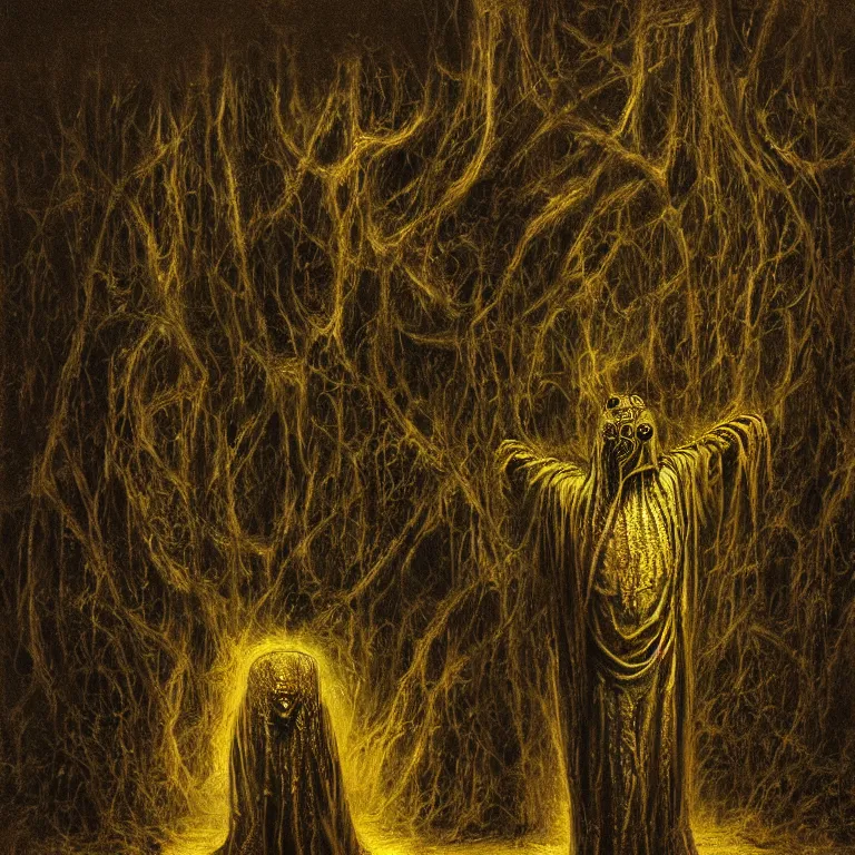 Prompt: hastur the king in gold, neochromatic colors, metal acid glow, dark eerie photo, photo pic taken by beksinski gammell giger mcfarlane