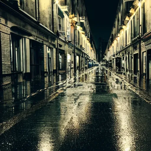 Prompt: a city street at night, raining,