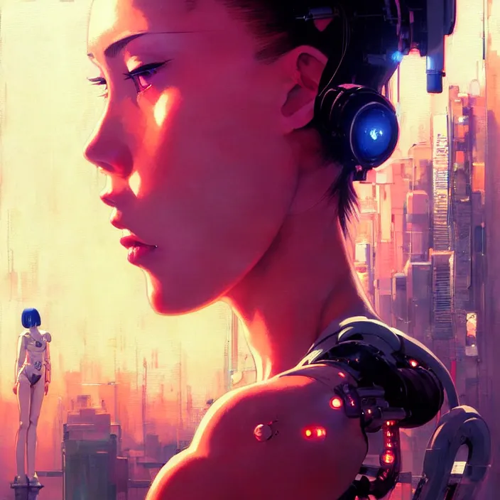 Image similar to side portrait of cyborg girl with robotic parts | | head only in center of image, audrey plaza, fine detail!! anime!! realistic shaded lighting!! poster by ilya kuvshinov katsuhiro otomo ghost - in - the - shell, magali villeneuve, artgerm, jeremy lipkin and michael garmash and rob rey