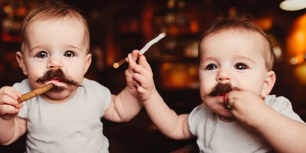 Prompt: a baby with a beard and mustache smoking a cigar in a bar