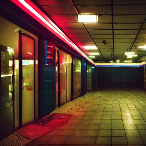 Image similar to noisy color photograph of inside a retrofuturist empty convenience store, dark pit, minimalist, cinematic, soft vintage glow, lens flare