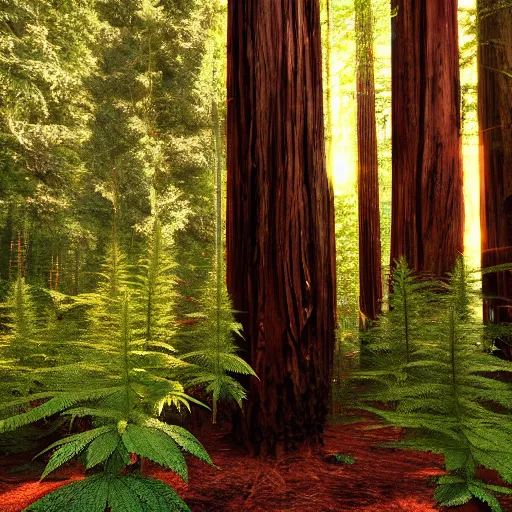 Image similar to of marijuana plants instead of coastal redwood trees in the redwoods forest in california, 4 k photorealism hd