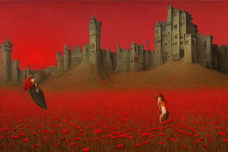 Image similar to only with red, red flowers of different types, a red tiger, a castle in the background, medieval demons dance over the flowers, an ancient path, in the style of beksinski, part by hopper, part by rodcenko, part by hofbauer, intricate composition, red by caravaggio, insanely quality, highly detailed, masterpiece, red light, artstation