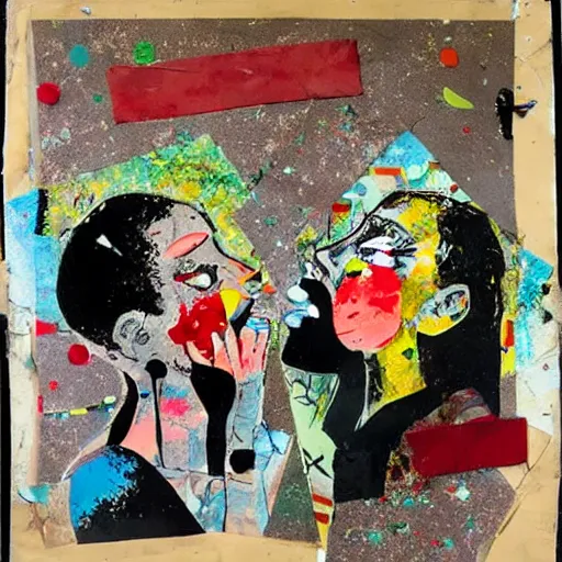 Image similar to two women kissing at a carnival in a war zone, mixed media collage, retro, paper collage, magazine collage, acrylic paint splatters, bauhaus, claymation, layered paper art, sapphic visual poetry expressing the utmost of desires by jackson pollock