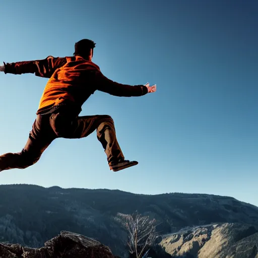 Image similar to guy jumping off a cliff while a ghost watches