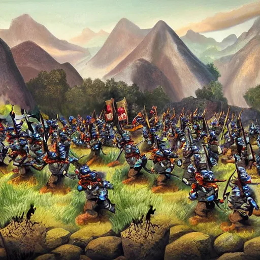 Image similar to painting of a dark mountain fighting armies of gnomes, epic, army formations, melle, ranged and siege