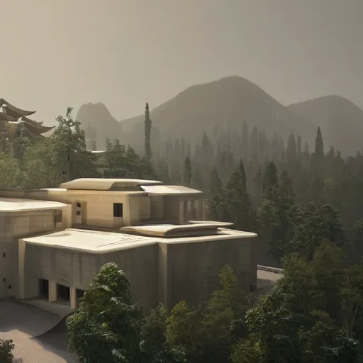 Image similar to brutalist modern beige house inspired by tibetan palace, built like a stadium with atrium in the middle, on a hill surrounded by big trees, dramatic lighting, artstation, realistic rendering, unreal engine, octane render, raphael lacoste, simon stalenhag, frank lloyd wright, helicopter view