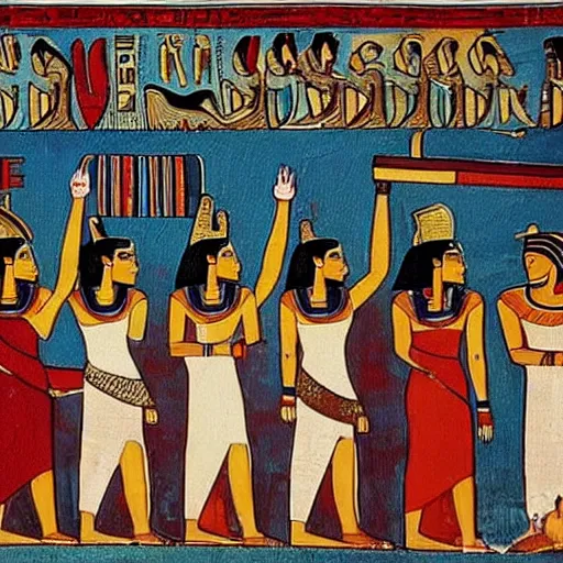 Image similar to egyptian painting of people taking a group selfie