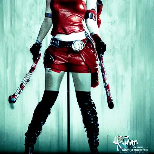 Image similar to an awe inspiring photorealistic movie poster featuring Lady Gaga as Harley Quinn hdr