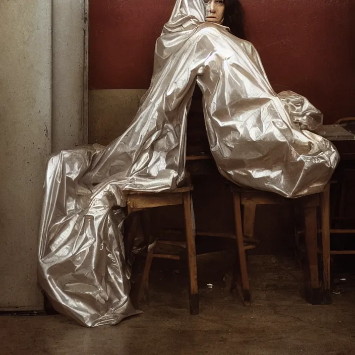 Prompt: a color photograph, closeup portrait of a woman wrapped in plastic, sitting in an abandoned coffee shop, color photograph, by vincent desiderio, canon eos c 3 0 0, ƒ 1. 8, 3 5 mm, 8 k, medium - format print