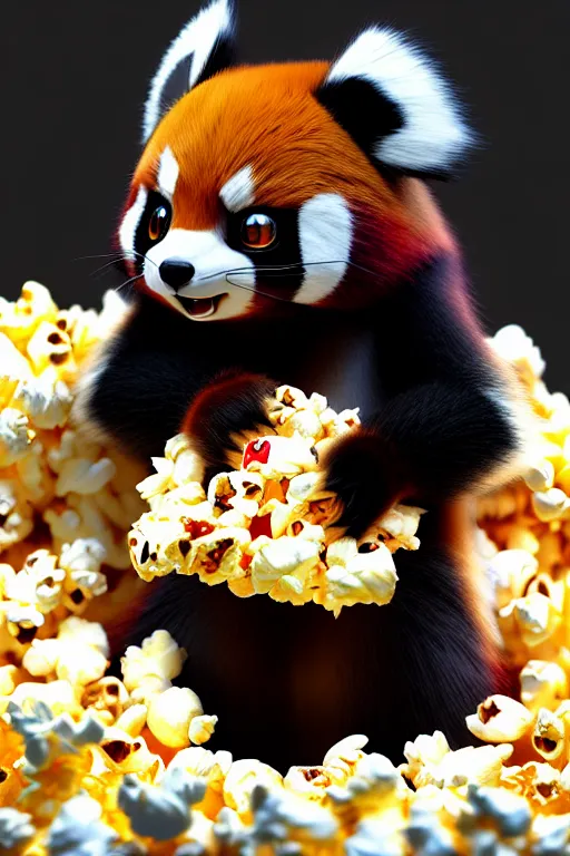Prompt: high quality 3 d render hyperrealist very cute gothic happy red panda & koala hybrid eating popcorn, vray smooth, detective pikachu, very dramatic light, low angle, uhd 8 k, shallow depth or field