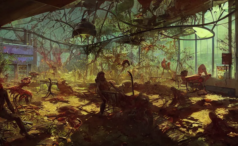 Prompt: abandoned taco bell overgrown with nature serving zombies. highly detailed science fiction painting by norman rockwell, frank frazetta, and syd mead. rich colors, high contrast, gloomy atmosphere, dark background. trending on artstation